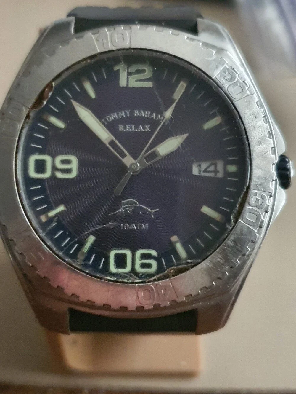 Tommy Bahama Relax Silver/Blue Resin Strap Diver Style Men's Watch w/Date